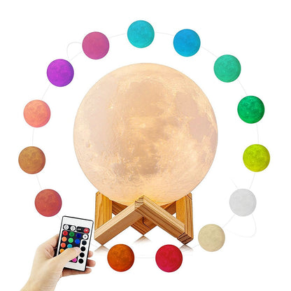 ELECTROPRIME YouOKLight YK2302 15cm Touch Control 3D Print Moon Lamp, USB Charging 16-Color Dimming LED Night Light with Remote Control & Wooden Holder