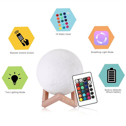 ELECTROPRIME YouOKLight YK2302 15cm Touch Control 3D Print Moon Lamp, USB Charging 16-Color Dimming LED Night Light with Remote Control & Wooden Holder