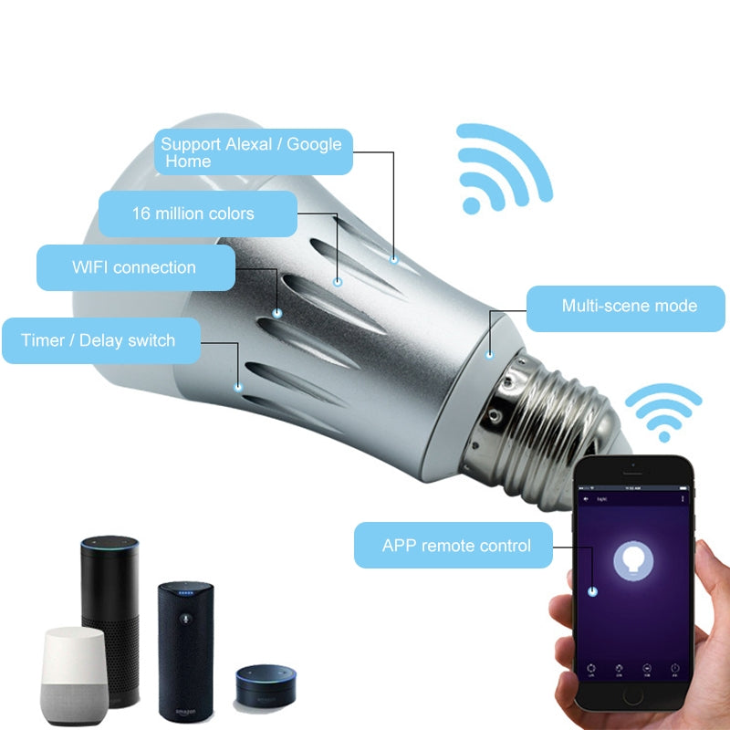 ELECTROPRIME E27 7W White Light+RGB Smart LED Light Bulb, WiFi 2.4GHz Works with Alexa & Google Home, FCC / CE / RoHS Certificated, AC 85-265V