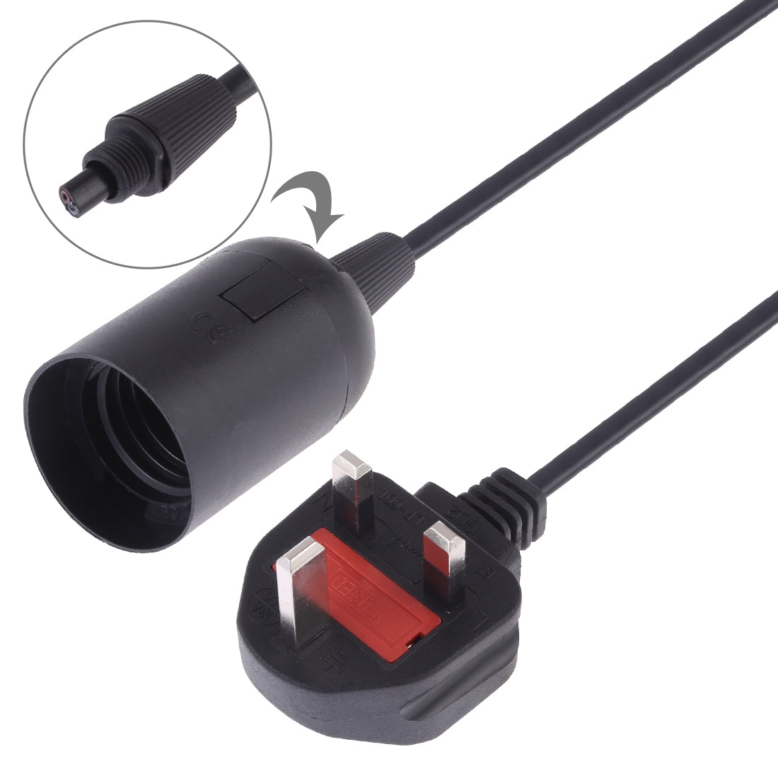 ELECTROPRIME E27 Wire Cap Lamp Holder Chandelier Power Socket with 1.8m Extension Cable, Big UK Plug(Black)