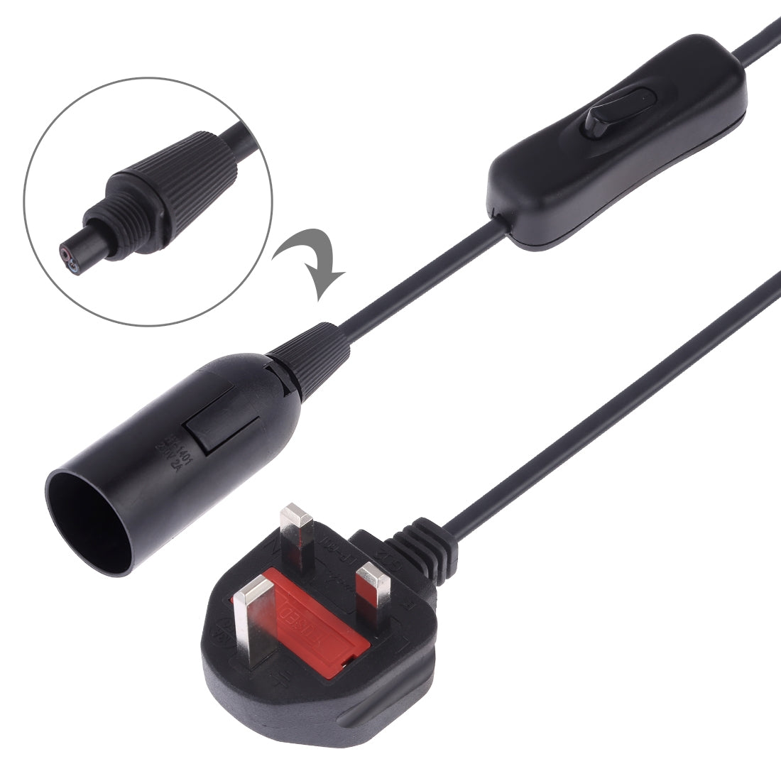 ELECTROPRIME E14 Wire Cap Switch Lamp Holder Chandelier Power Socket with 1.5m Extension Cable, Big UK Plug(Black)