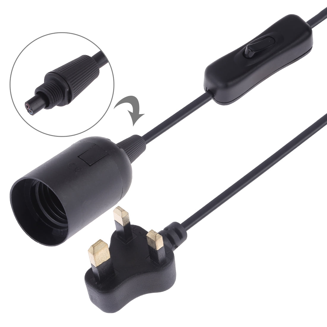 ELECTROPRIME E27 Wire Cap Switch Lamp Holder Chandelier Power Socket with 1.2m Extension Cable, Small UK Plug(Black)