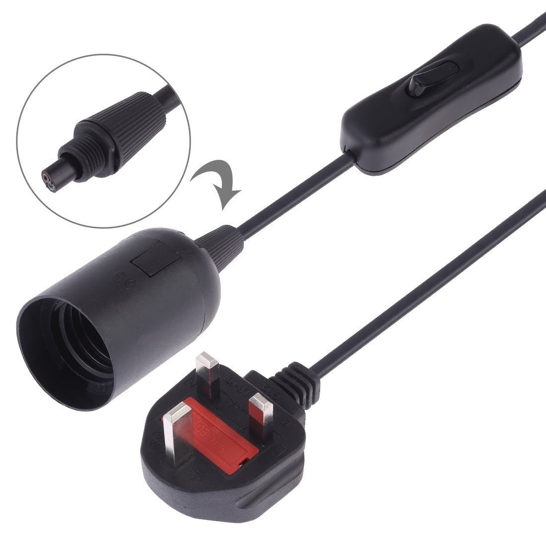 ELECTROPRIME E27 Wire Cap Switch Lamp Holder Chandelier Power Socket with 1.5m Extension Cable, Big UK Plug(Black)