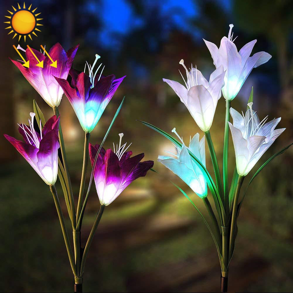 ELECTROPRIME 2 PCS Lily Flower Shape 4 Heads Solar Powered Outdoor IP55 Waterproof LED Decorative Lantern Lawn Lamp