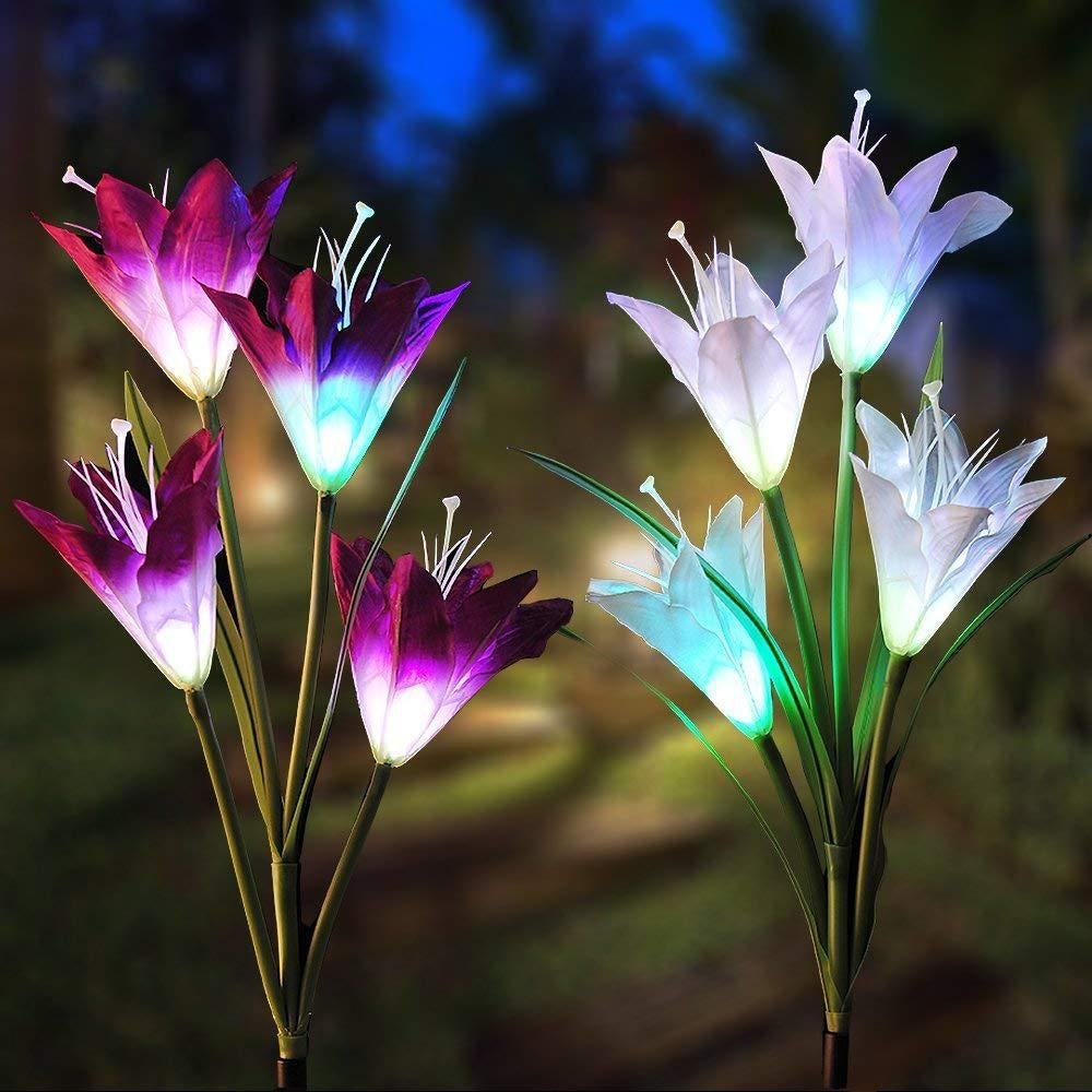 ELECTROPRIME 2 PCS Lily Flower Shape 4 Heads Solar Powered Outdoor IP55 Waterproof LED Decorative Lantern Lawn Lamp