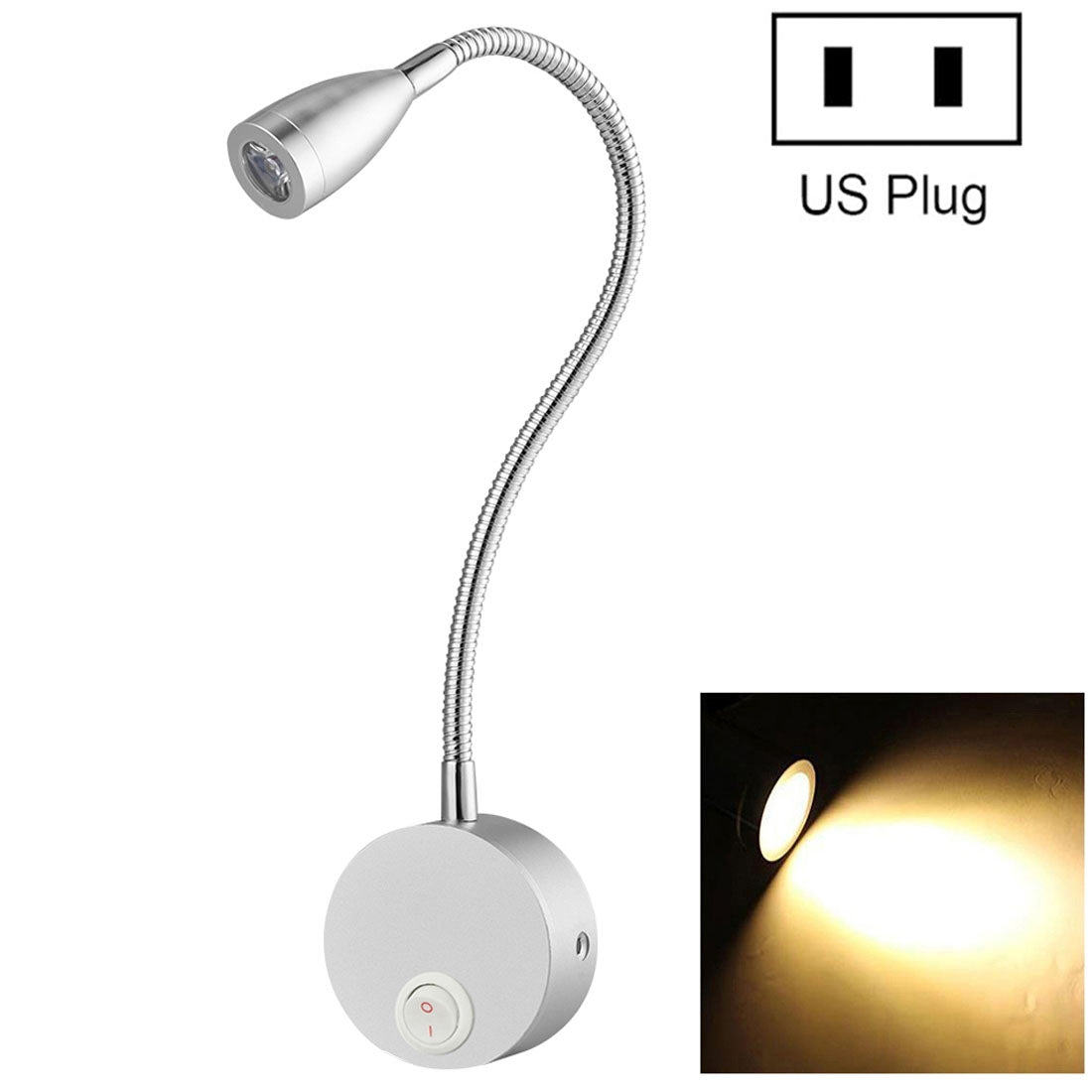 ELECTROPRIME 3W 160 LM 3000-3200K Flexible Goose Neck Warm White LED Reading Lamp Light Wall Mount Light Wall Sconce Lamp, Got the CE / FCC Certification, US Plug, Goose Neck Length: 30cm