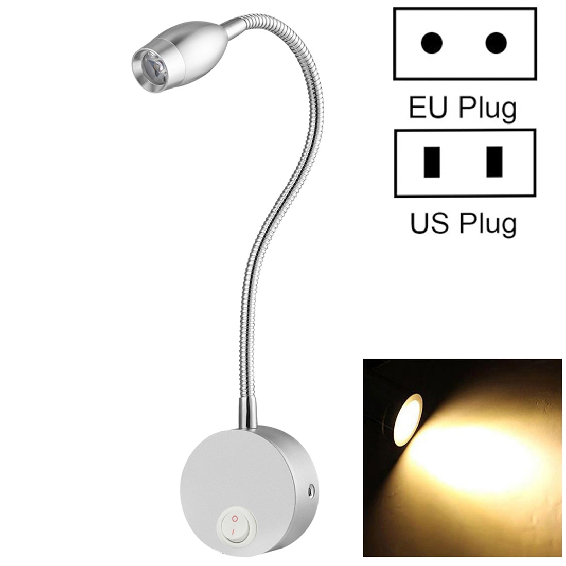 ELECTROPRIME 3W Flexible Goose Neck Warm White LED Reading Lamp Light , 160 LM 3000-3200K Wall Mount Light Wall Sconce Lamp, Got the CE / FCC Certification, Goose Neck Length: 30cm, US/EU Plug, Default Delivery EU Plug