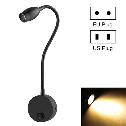 ELECTROPRIME 3W Flexible Goose Neck Warm White LED Reading Lamp Light , 160 LM 3000-3200K Wall Mount Light Wall Sconce Lamp, Got the CE / FCC Certification, Goose Neck Length: 30cm, US/EU Plug, Default Delivery EU Plug