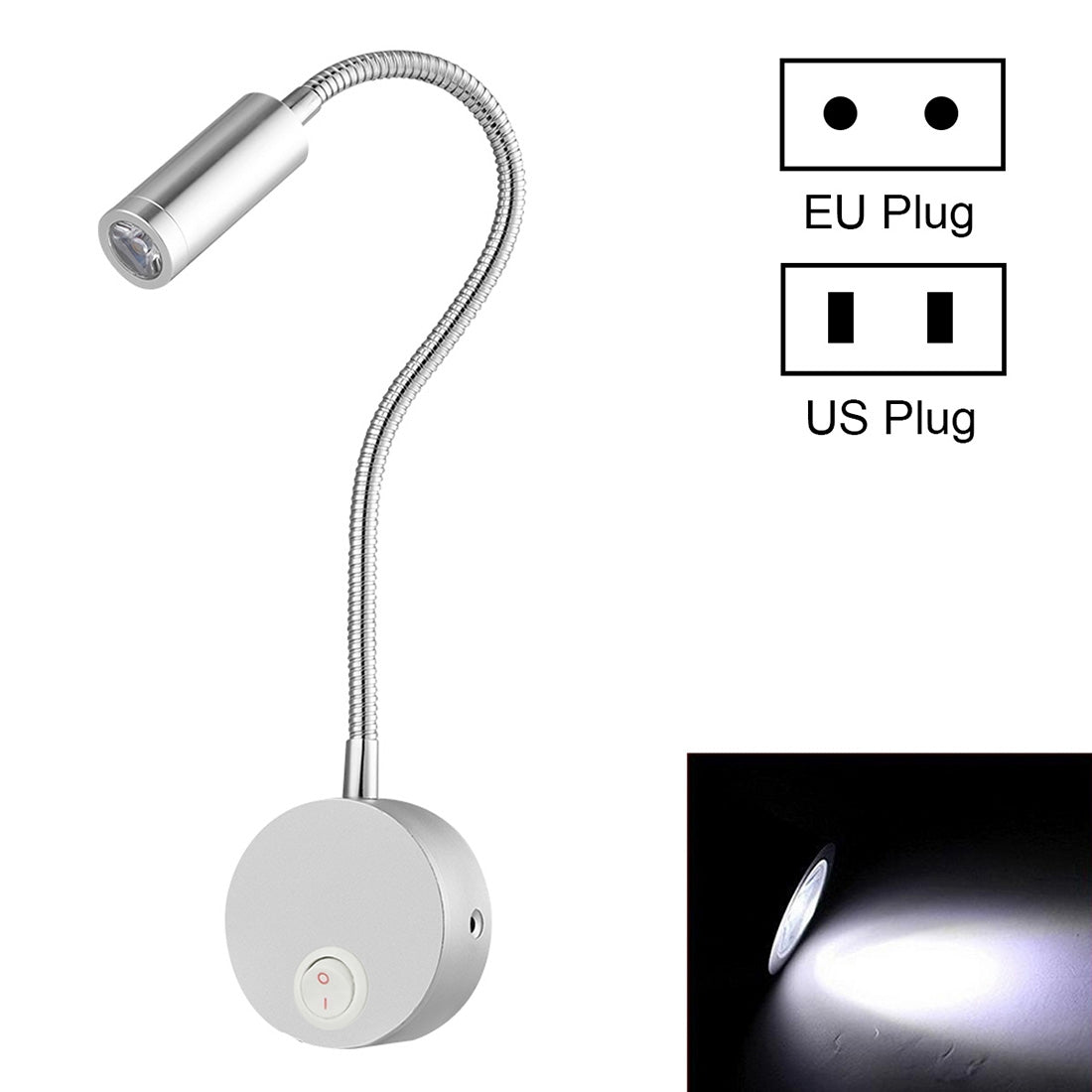 ELECTROPRIME 3W Silver Shell Flexible Goose Neck White Light LED  Reading Lamp Light, 160 LM 3000-3200K Hose Spotlight Lamp Wall Mount Light Wall Sconce Lamp, Got the CE / FCC Certification, Goose Neck Length: 30cm, US/EU Plug, Default Delivery US Plug