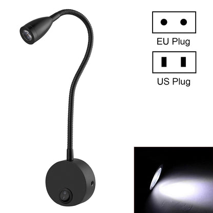 ELECTROPRIME 3W Black Shell Flexible Goose Neck White Light LED Reading Lamp Light , 160 LM 3000-3200K Wall Mount Light Wall Sconce Lamp, Got the CE / FCC Certification, Goose Neck Length: 30cm, US/EU Plug, Default Delivery US Plug