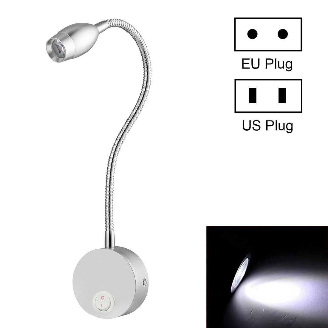 ELECTROPRIME 3W Silver Shell Flexible Goose Neck White Light LED Reading Lamp Light , 160 LM 3000-3200K Wall Mount Light Wall Sconce Lamp, Got the CE / FCC Certification, Goose Neck Length: 30cm, US/EU Plug, Default Delivery EU Plug