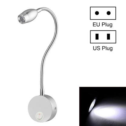 ELECTROPRIME 3W Silver Shell Flexible Goose Neck White Light LED Reading Lamp Light , 160 LM 3000-3200K Wall Mount Light Wall Sconce Lamp, Got the CE / FCC Certification, Goose Neck Length: 30cm, US/EU Plug, Default Delivery EU Plug
