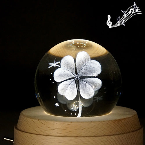 ELECTROPRIME 3D Word Engraving Crystal Ball Music Box Clover Pattern Electronic Swivel Musical Birthday Gift Home Decor with Music