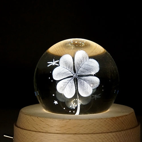 ELECTROPRIME 3D Word Engraving Crystal Ball Music Box Clover Pattern Electronic Swivel Musical Birthday Gift Home Decor with Music