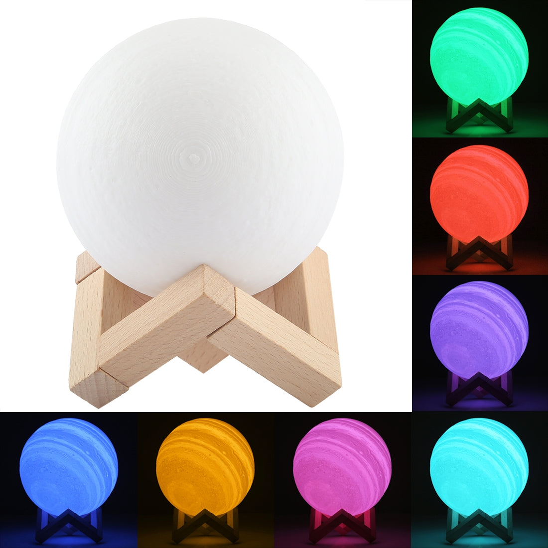 ELECTROPRIME 10cm Patted 3D Print Jupiter Lamp, USB Charging 7-Color Changing Energy-saving LED Night Light with Wooden Holder Base
