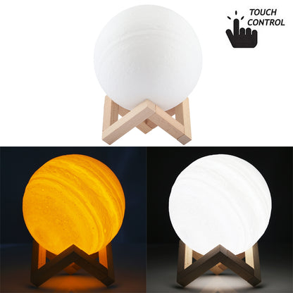 ELECTROPRIME 15cm Touch Control 3D Print Jupiter Lamp, USB Charging 2-Color Changing Energy-saving LED Night Light with Wooden Holder Base