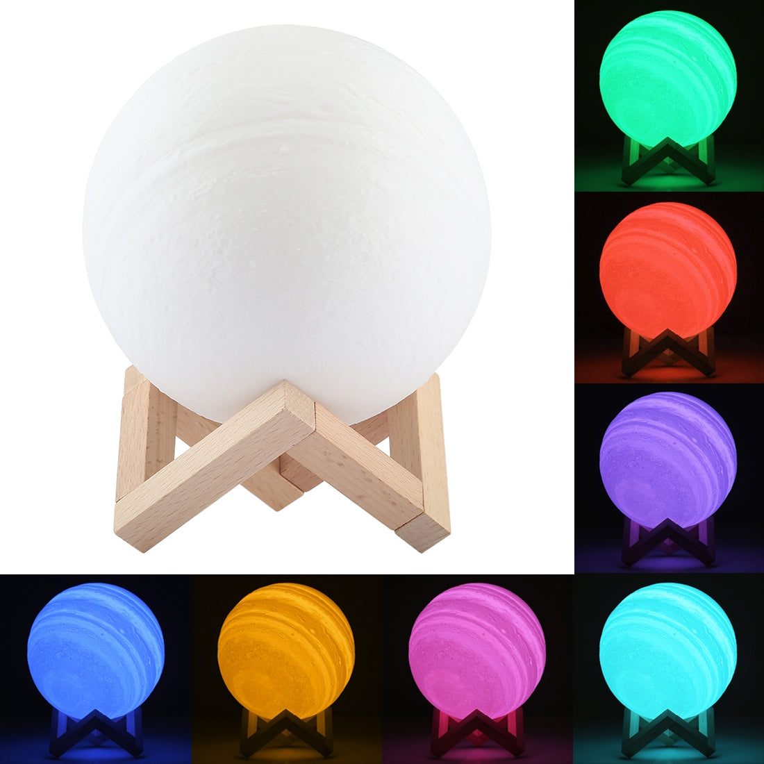 ELECTROPRIME 15cm Patted 3D Print Jupiter Lamp, USB Charging 7-Color Changing Energy-saving LED Night Light with Wooden Holder Base