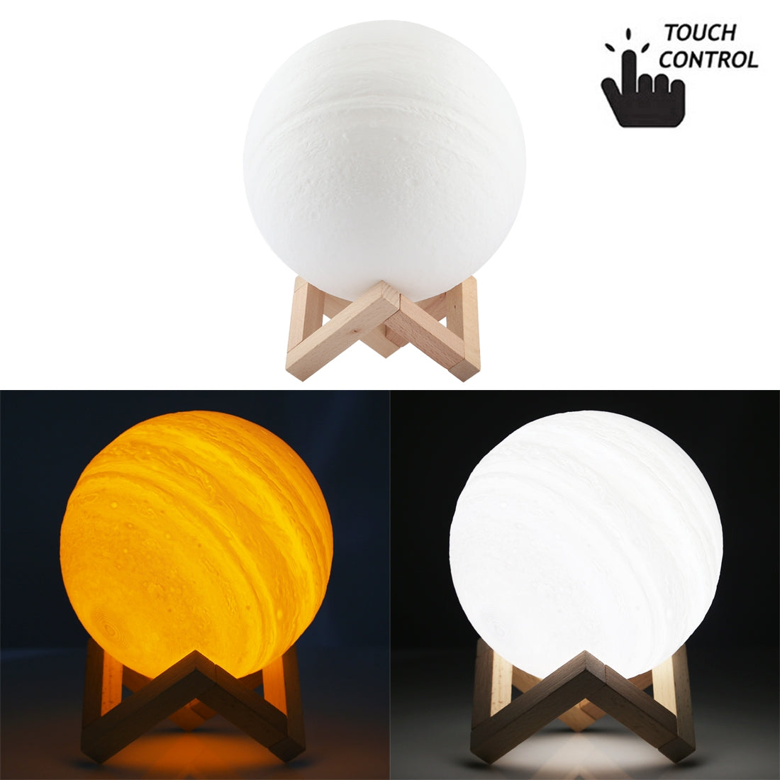 ELECTROPRIME 18cm Touch Control 3D Print Jupiter Lamp, USB Charging 2-Color Changing Energy-saving LED Night Light with Wooden Holder Base