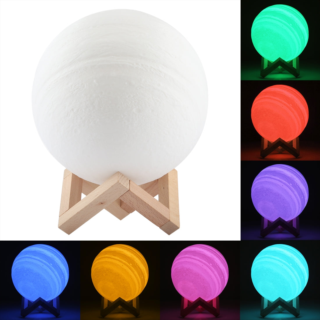ELECTROPRIME 18cm Patted 3D Print Jupiter Lamp, USB Charging 7-Color Changing Energy-saving LED Night Light with Wooden Holder Base