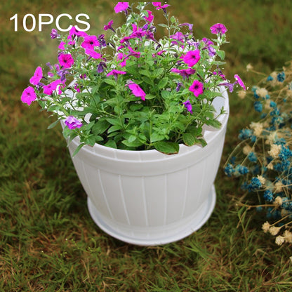 ELECTROPRIME 10 PCS Imitation Wooden Barrel Plastic Resin Flower Pot with Tray, Top Diameter: 9cm, Height: 6.5cm(White)