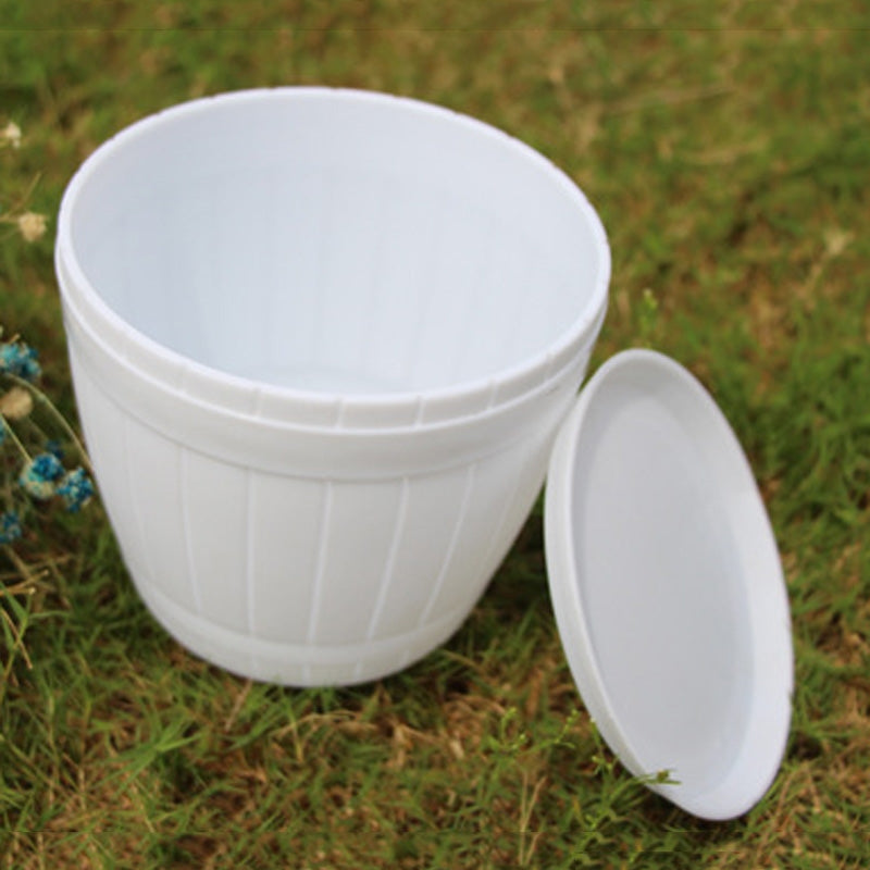 ELECTROPRIME 10 PCS Imitation Wooden Barrel Plastic Resin Flower Pot with Tray, Top Diameter: 9cm, Height: 6.5cm(White)