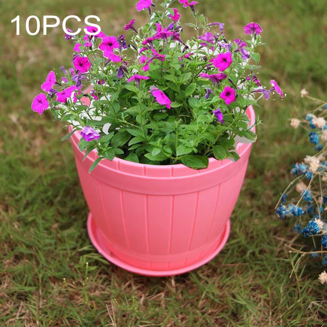 ELECTROPRIME 10 PCS Imitation Wooden Barrel Plastic Resin Flower Pot with Tray, Top Diameter: 19cm, Height: 16.5cm(Pink)