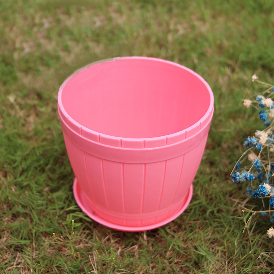 ELECTROPRIME 10 PCS Imitation Wooden Barrel Plastic Resin Flower Pot with Tray, Top Diameter: 19cm, Height: 16.5cm(Pink)