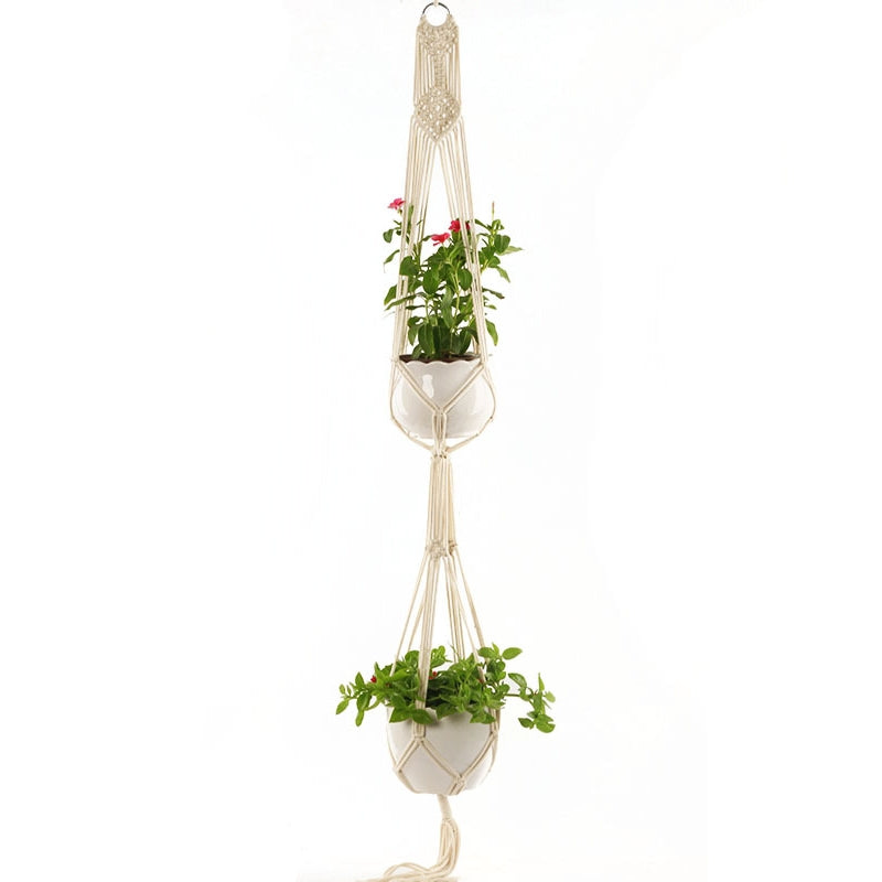 ELECTROPRIME Double-deck O Type Macrame Hanging Flower Pots Decoration Indoor Outdoor Braided Rope Hanging Planter Plant Holder