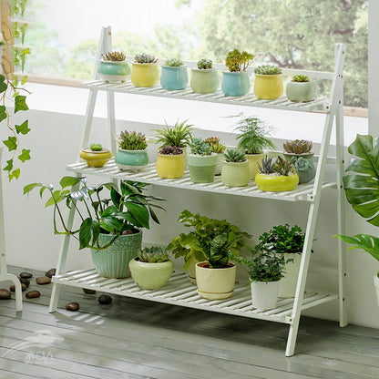 ELECTROPRIME Bamboo 3-Tier Hanging Plant Stand Planter Shelves Flower Pot Storage Rack Folding Display Shelving Plants Shelf, Width: 100cm(White)