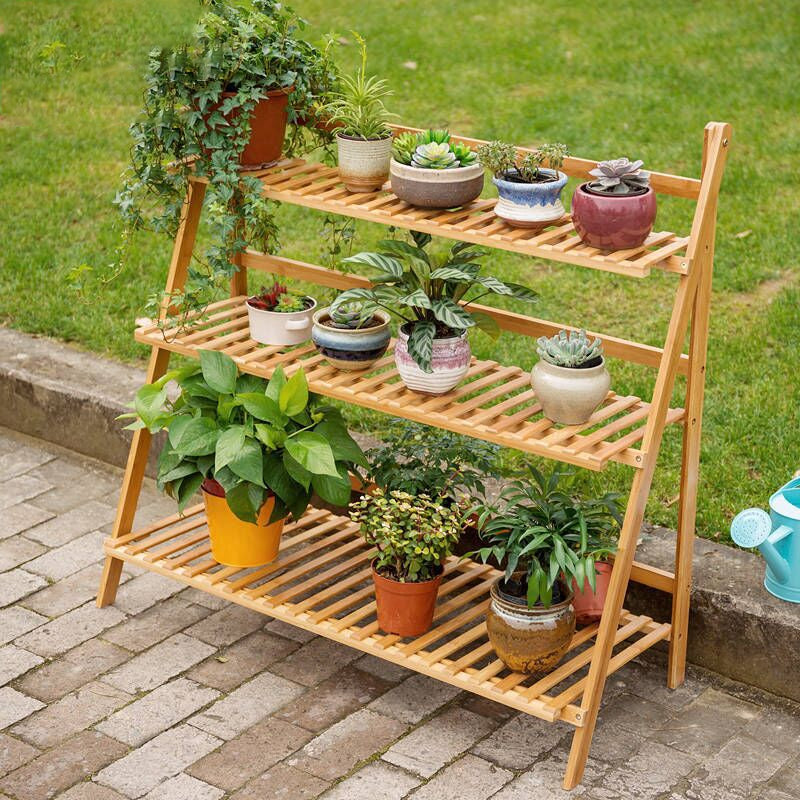 ELECTROPRIME Bamboo 3-Tier Hanging Plant Stand Planter Shelves Flower Pot Storage Rack Folding Display Shelving Plants Shelf, Width: 100cm(Apricot)