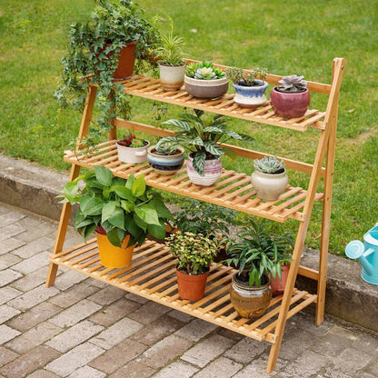 ELECTROPRIME Bamboo 3-Tier Hanging Plant Stand Planter Shelves Flower Pot Storage Rack Folding Display Shelving Plants Shelf, Width: 100cm(Apricot)