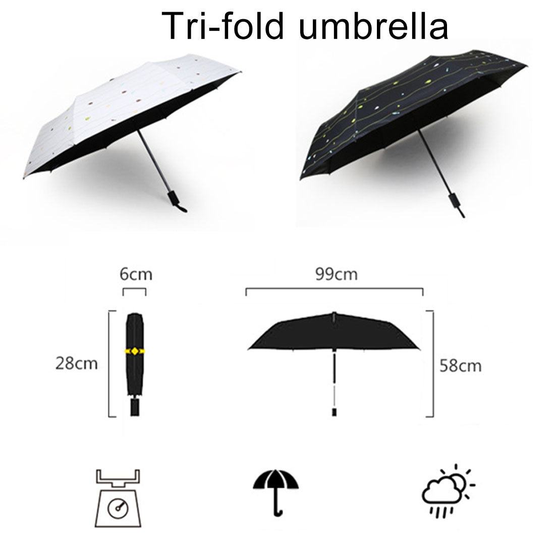 ELECTROPRIME Three Folding Ultralight Umbrella, Women Waterproof Anti-UV (White Stripe Pattern)