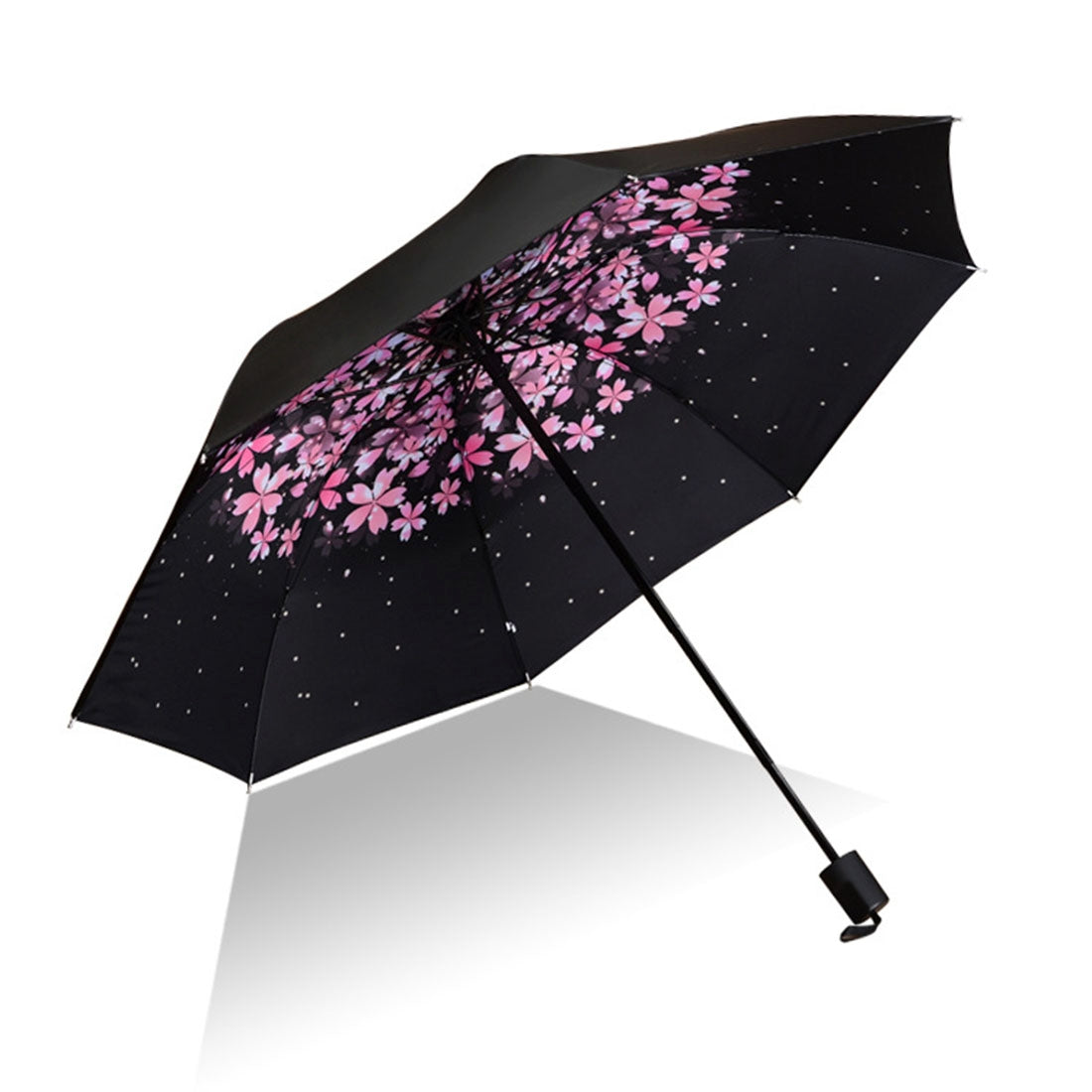 ELECTROPRIME Lightweight Portable Three Folding Folding Umbrella, Black Waterproof Anti-UV, Q Pattern