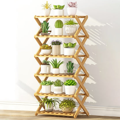 ELECTROPRIME 6-Layer Balcony Living Room Collapsible Solid Wood Flower Stand Potted Planting Shelves, Length: 50cm