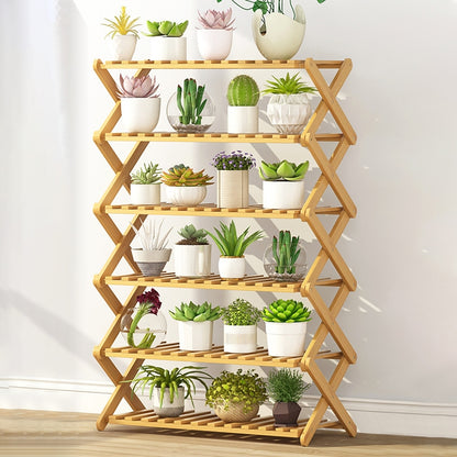 ELECTROPRIME 6-Layer Balcony Living Room Collapsible Solid Wood Flower Stand Potted Planting Shelves, Length: 70cm
