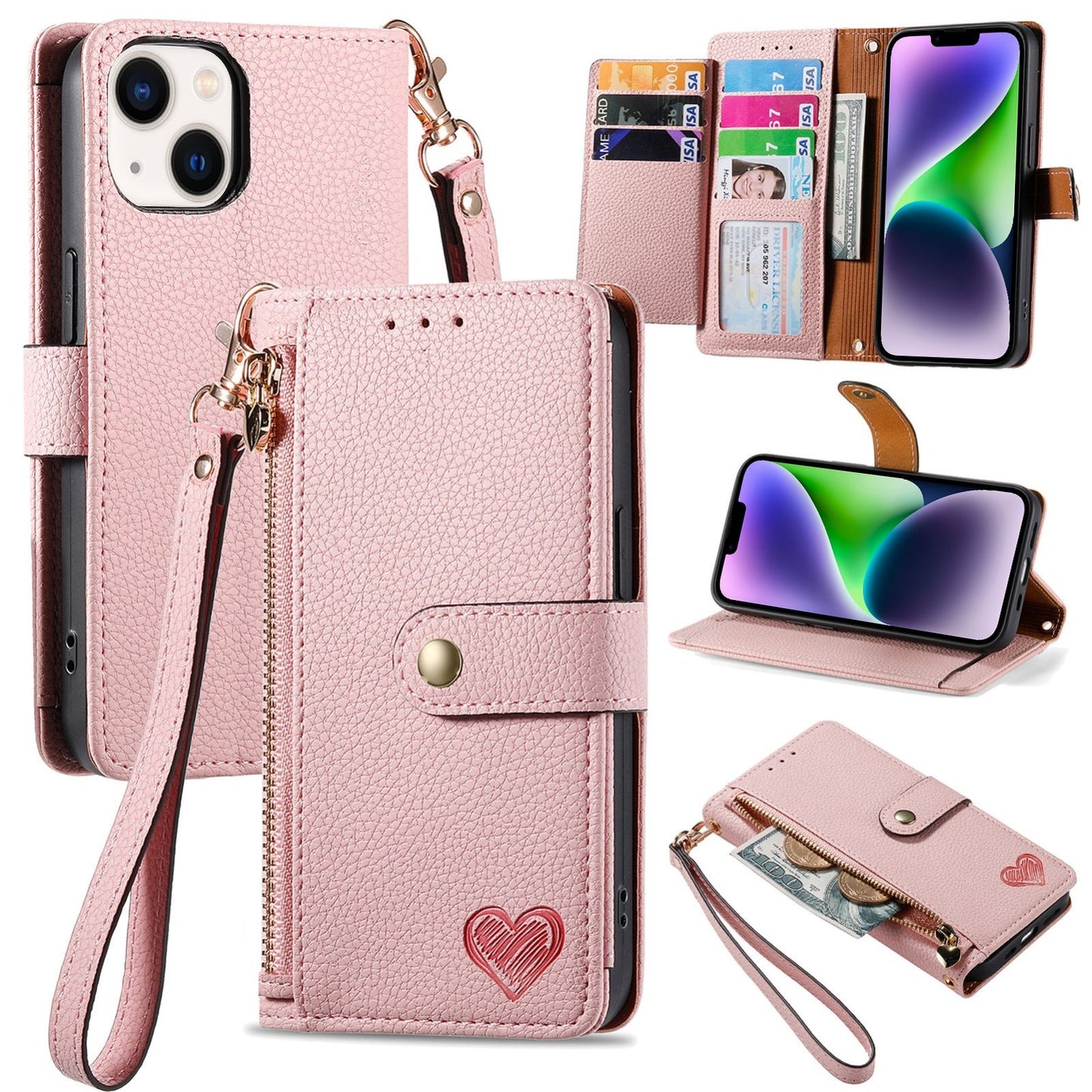 ELECTROPRIME For iPhone 15 Love Zipper Lanyard Leather Phone Case(Pink)
