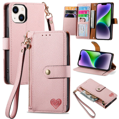 ELECTROPRIME For iPhone 15 Love Zipper Lanyard Leather Phone Case(Pink)