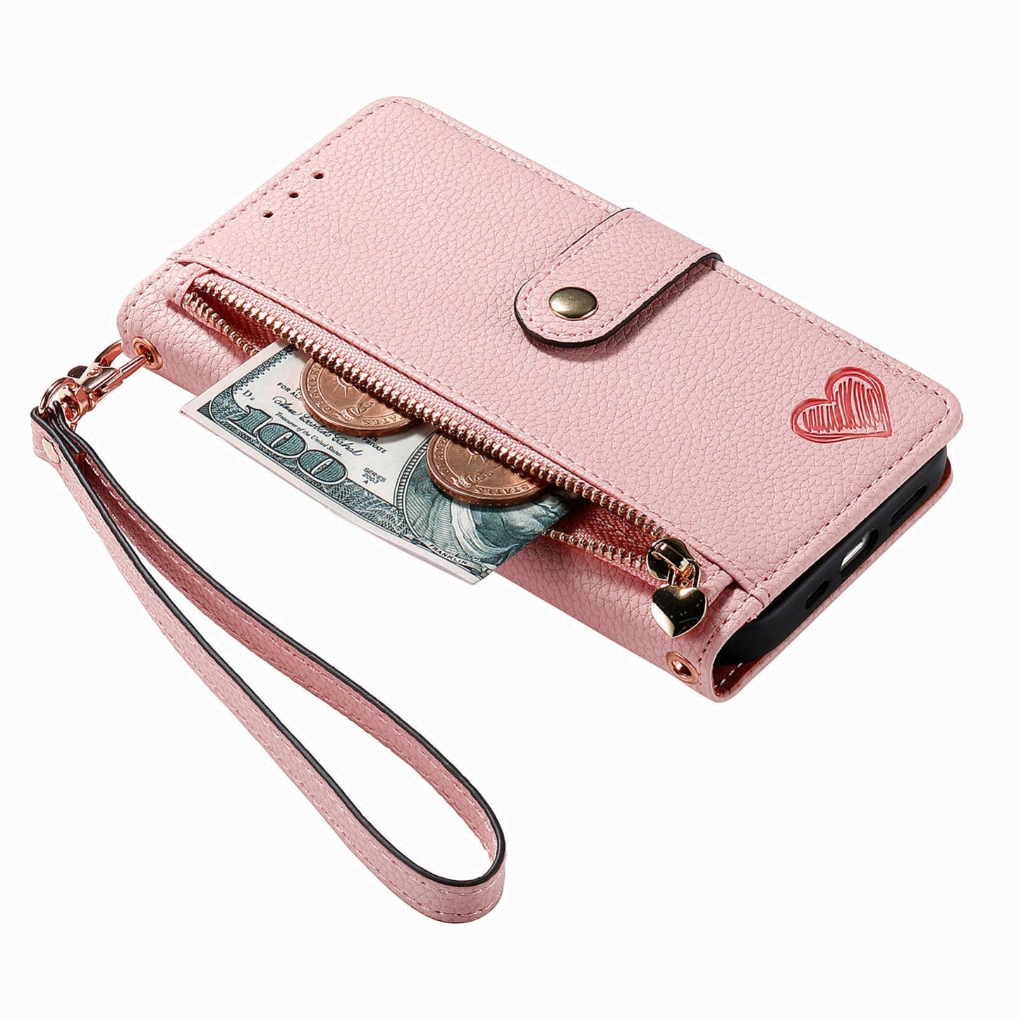 ELECTROPRIME For iPhone 15 Love Zipper Lanyard Leather Phone Case(Pink)