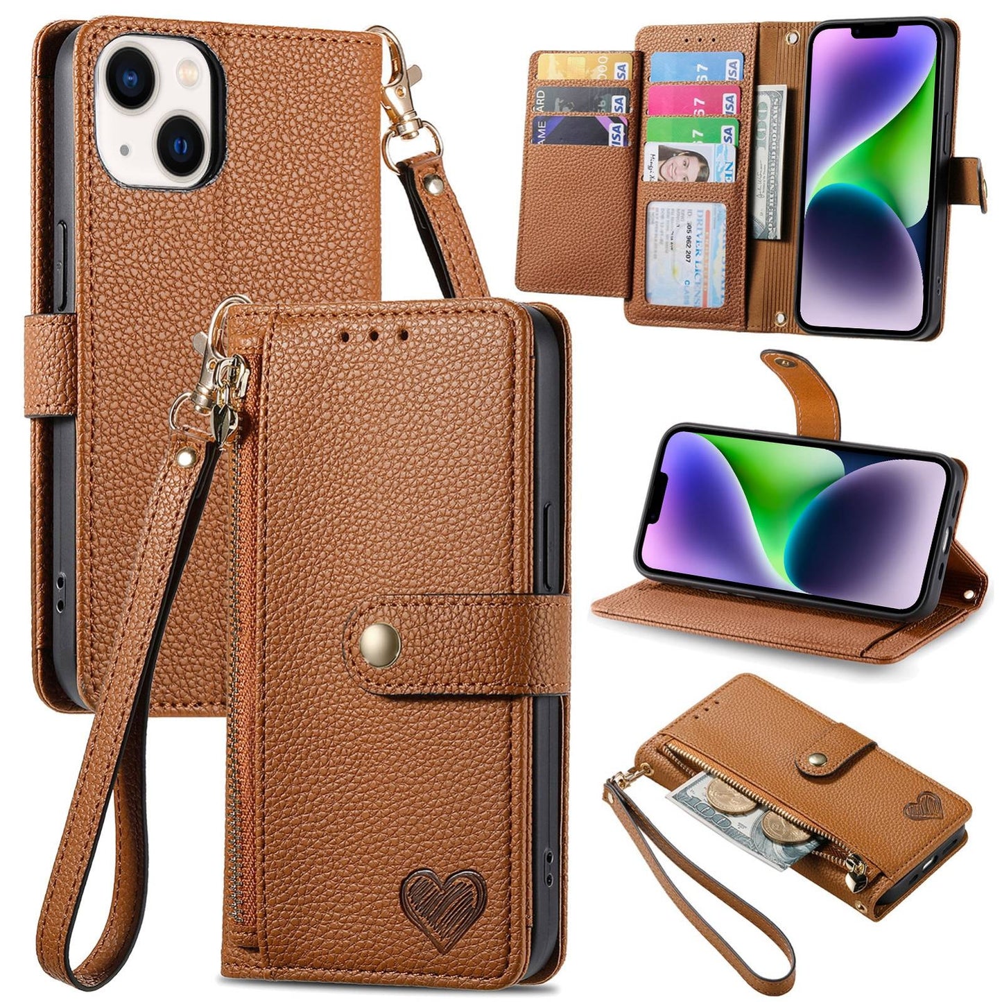 ELECTROPRIME For iPhone 15 Love Zipper Lanyard Leather Phone Case(Brown)