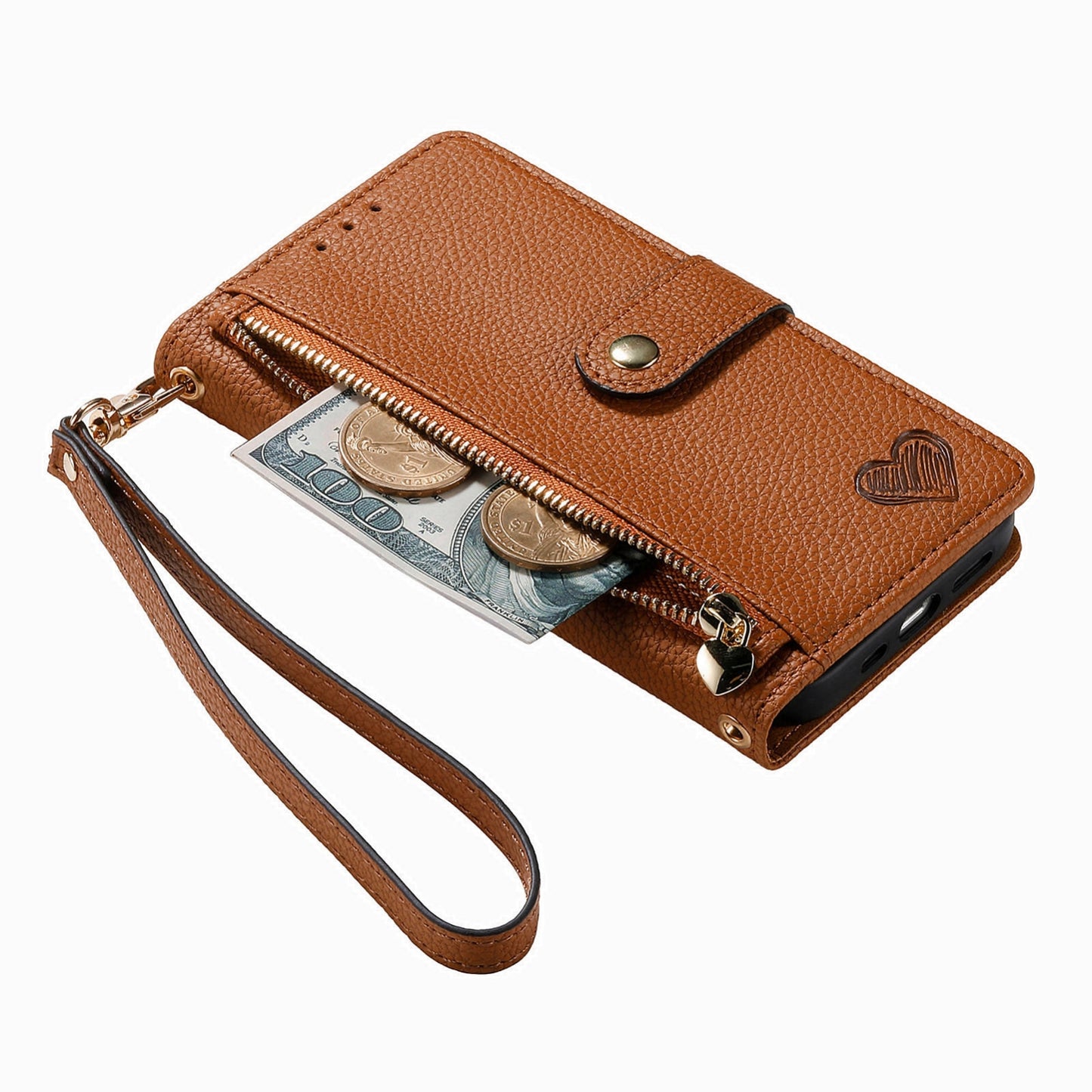 ELECTROPRIME For iPhone 15 Love Zipper Lanyard Leather Phone Case(Brown)