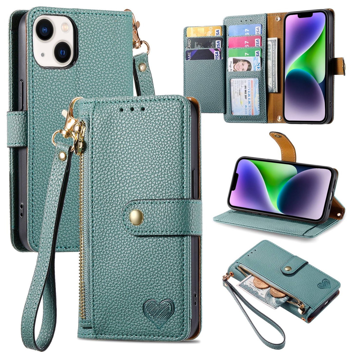 ELECTROPRIME For iPhone 15 Love Zipper Lanyard Leather Phone Case(Green)