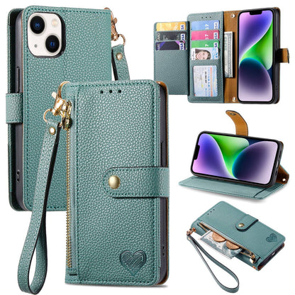ELECTROPRIME For iPhone 15 Love Zipper Lanyard Leather Phone Case(Green)
