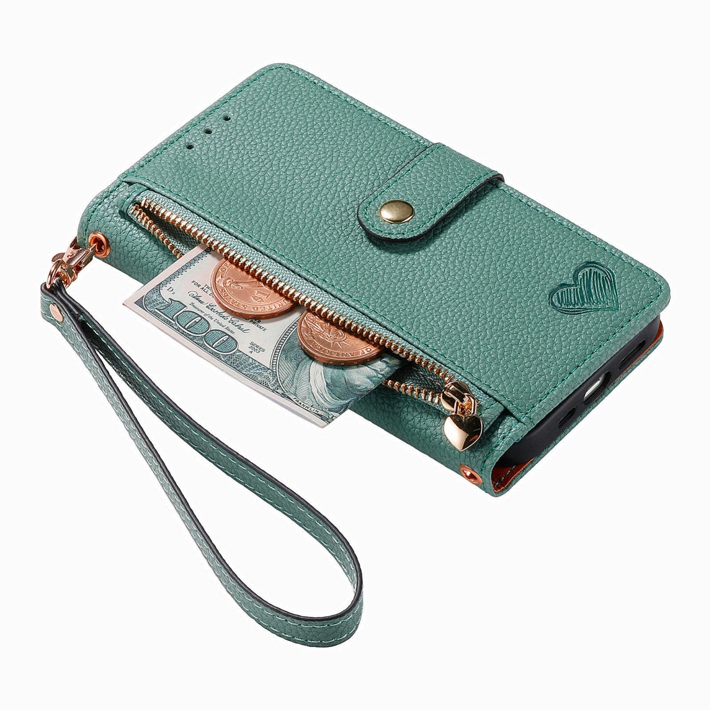 ELECTROPRIME For iPhone 15 Love Zipper Lanyard Leather Phone Case(Green)