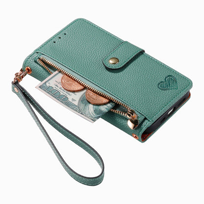 ELECTROPRIME For iPhone 15 Love Zipper Lanyard Leather Phone Case(Green)