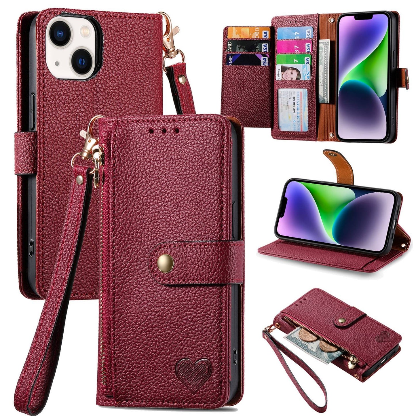 ELECTROPRIME For iPhone 15 Love Zipper Lanyard Leather Phone Case(Red)