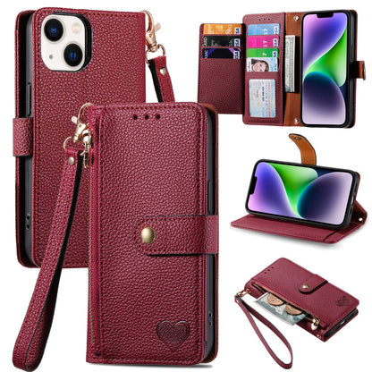 ELECTROPRIME For iPhone 15 Love Zipper Lanyard Leather Phone Case(Red)