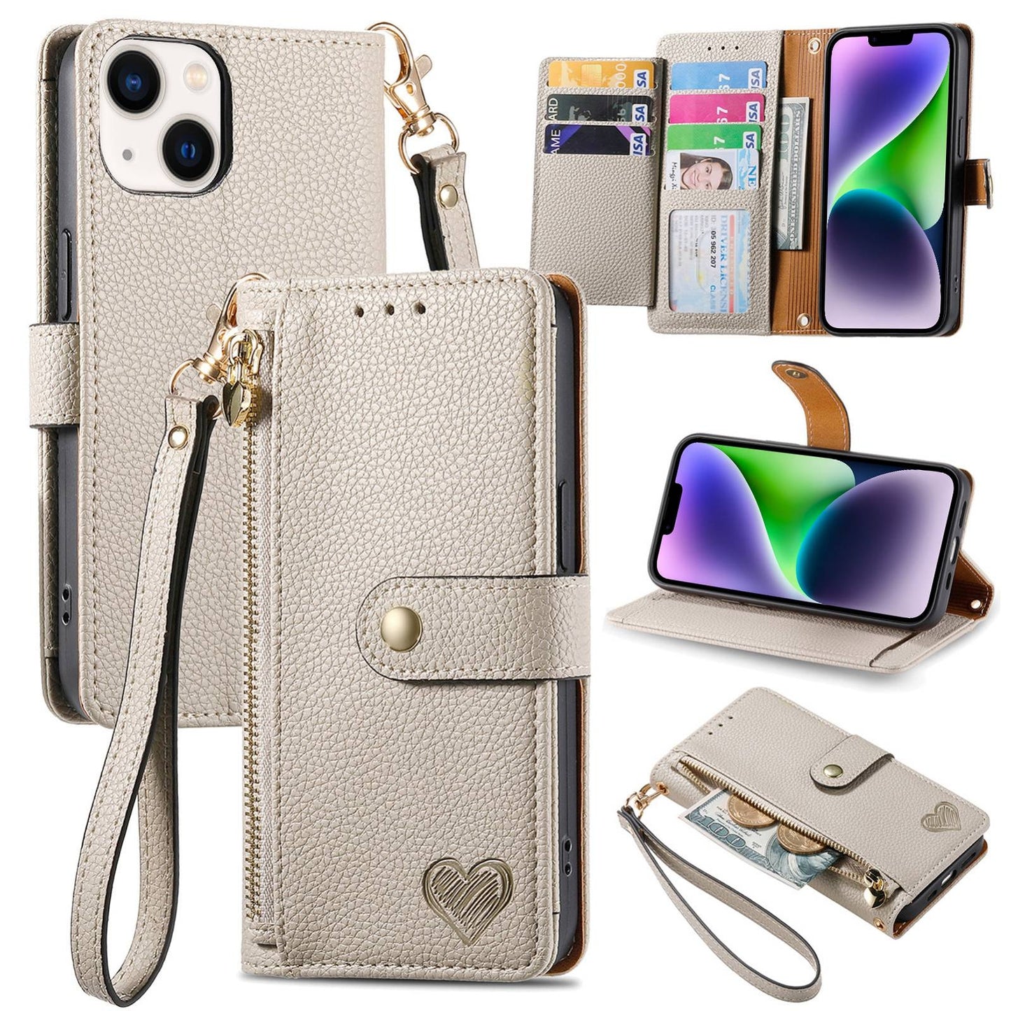 ELECTROPRIME For iPhone 15 Love Zipper Lanyard Leather Phone Case(Gray)