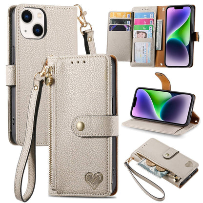 ELECTROPRIME For iPhone 15 Love Zipper Lanyard Leather Phone Case(Gray)