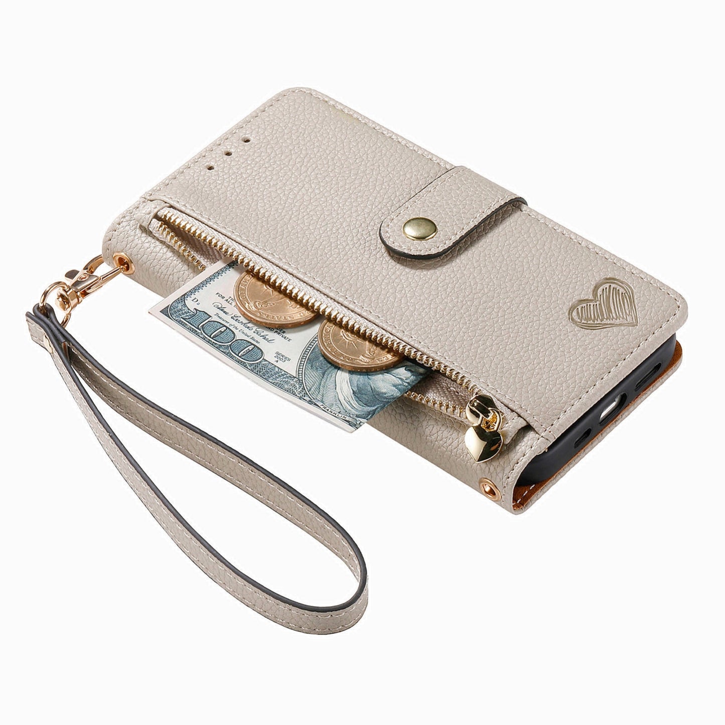 ELECTROPRIME For iPhone 15 Love Zipper Lanyard Leather Phone Case(Gray)