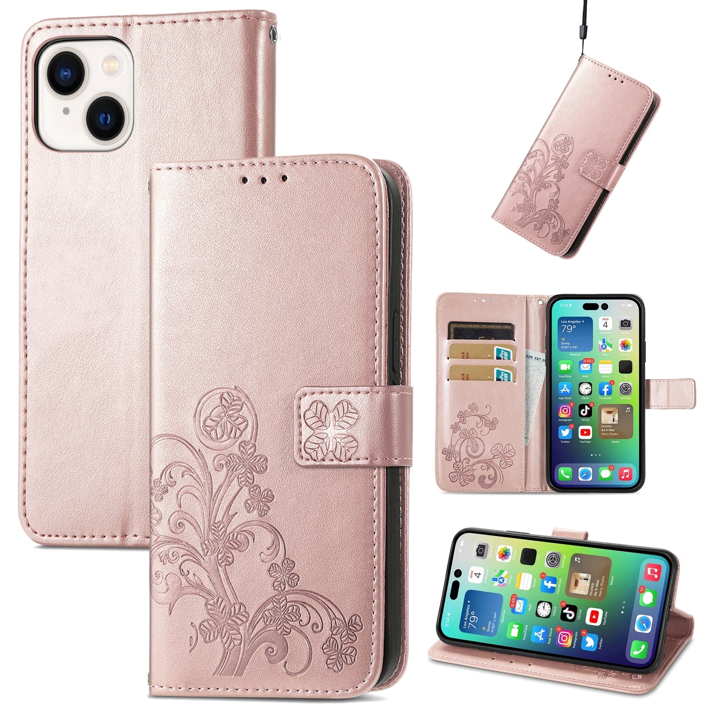 ELECTROPRIME For iPhone 15 Four-leaf Clasp Embossed Buckle Leather Phone Case(Rose Gold)